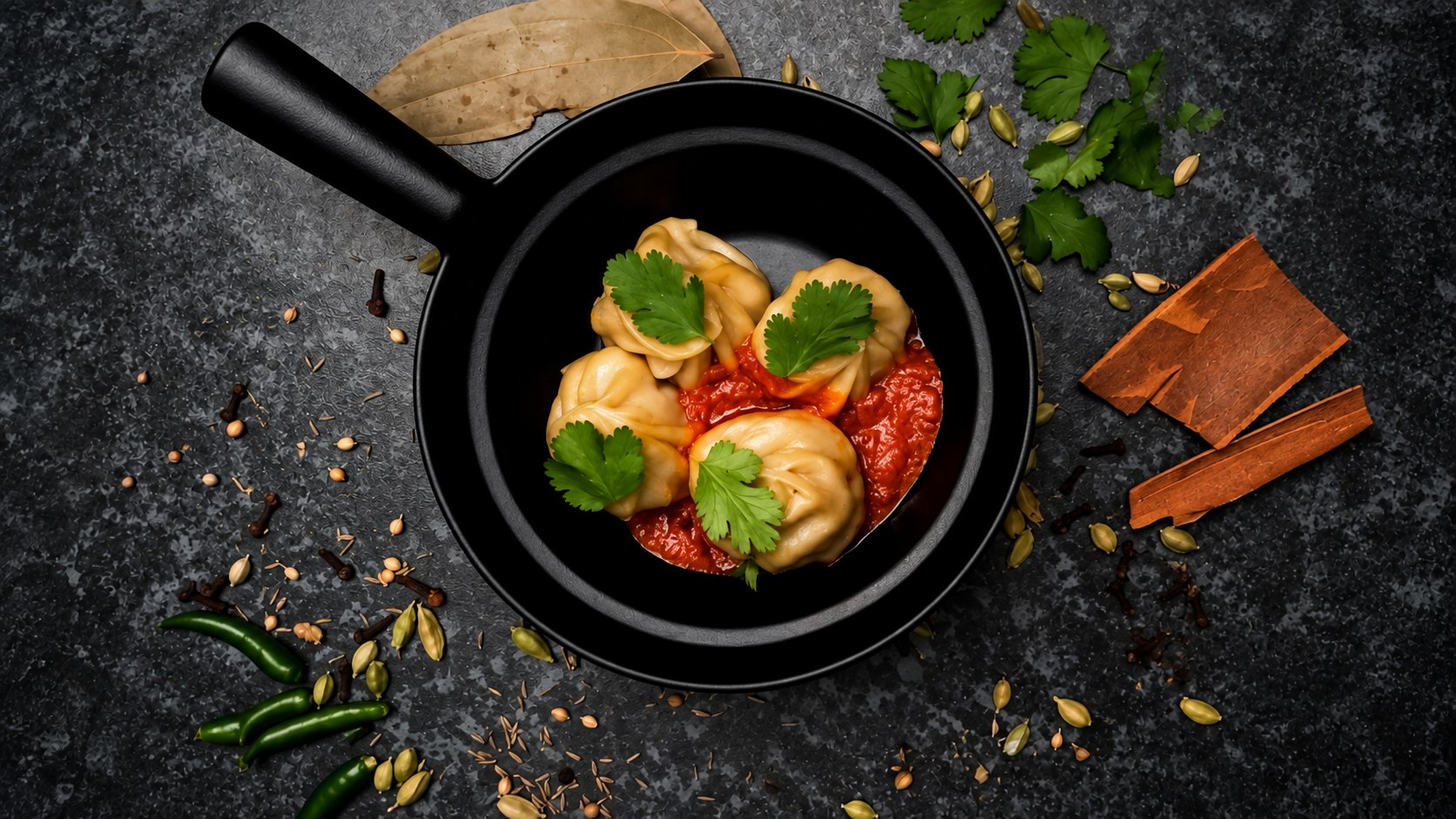 Nepalese momo served with tomato chutney